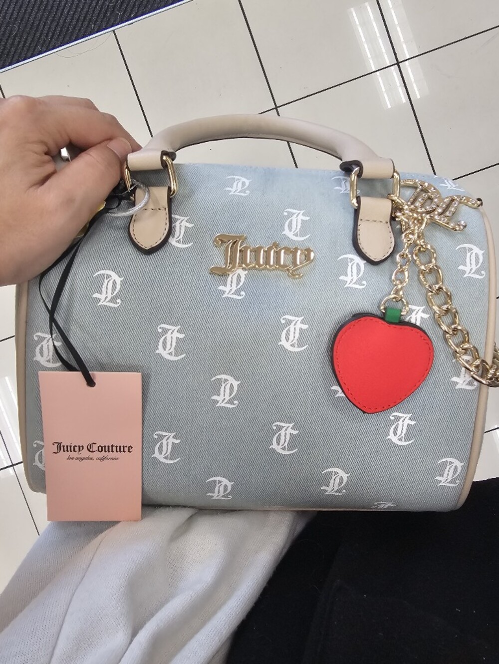 Juicy Couture Light Blue Shoulder Bag with Red Apple Charm and Gold Chain - Y2K